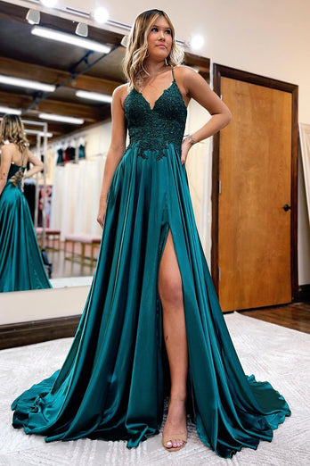 Royal Blue Satin A-Line Appliques Prom Dress with Slit