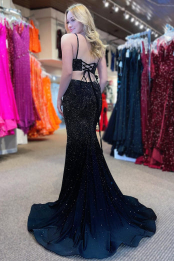 Mermaid Black Spaghetti Straps Long Prom Dress With Beading