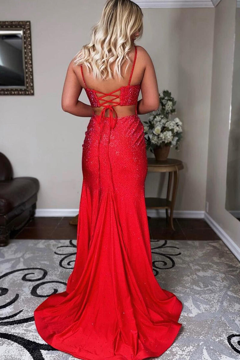 Load image into Gallery viewer, Red Mermaid Spaghetti Straps Long Prom Dress with Beading