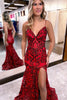 Load image into Gallery viewer, Red Sparkly Corset Sheath Long Prom Dress with Slit