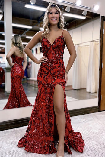 Red Sparkly Corset Sheath Long Prom Dress with Slit