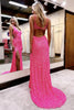 Load image into Gallery viewer, Sparkly Pink Spaghetti Straps Sequins Long Prom Dress with Slit