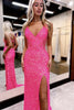 Load image into Gallery viewer, Sparkly Pink Spaghetti Straps Sequins Long Prom Dress with Slit