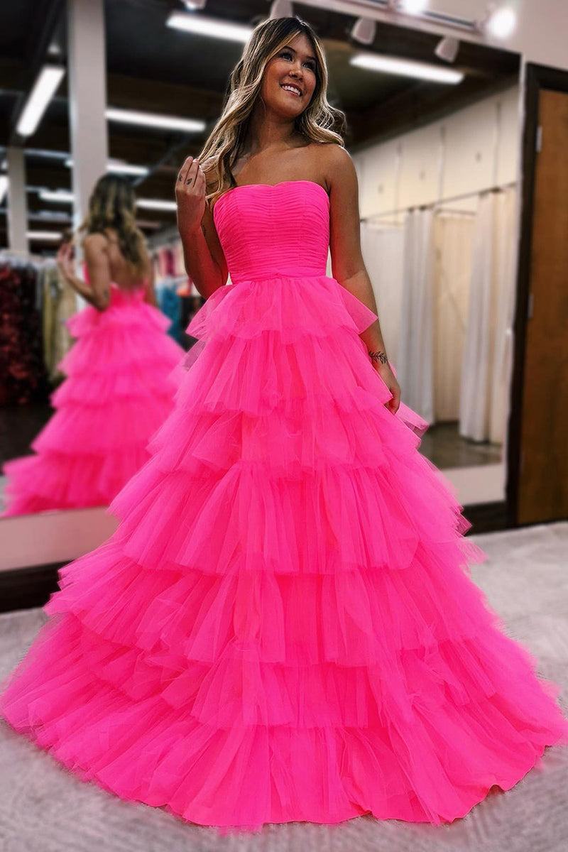 Load image into Gallery viewer, Hot Pink Tulle Strapless Princess Long Prom Dress