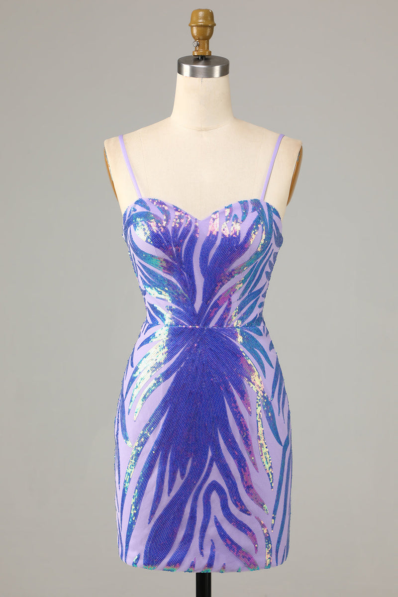 Load image into Gallery viewer, Purple Spaghetti Straps Bodycon Sequined Homecoming Dress