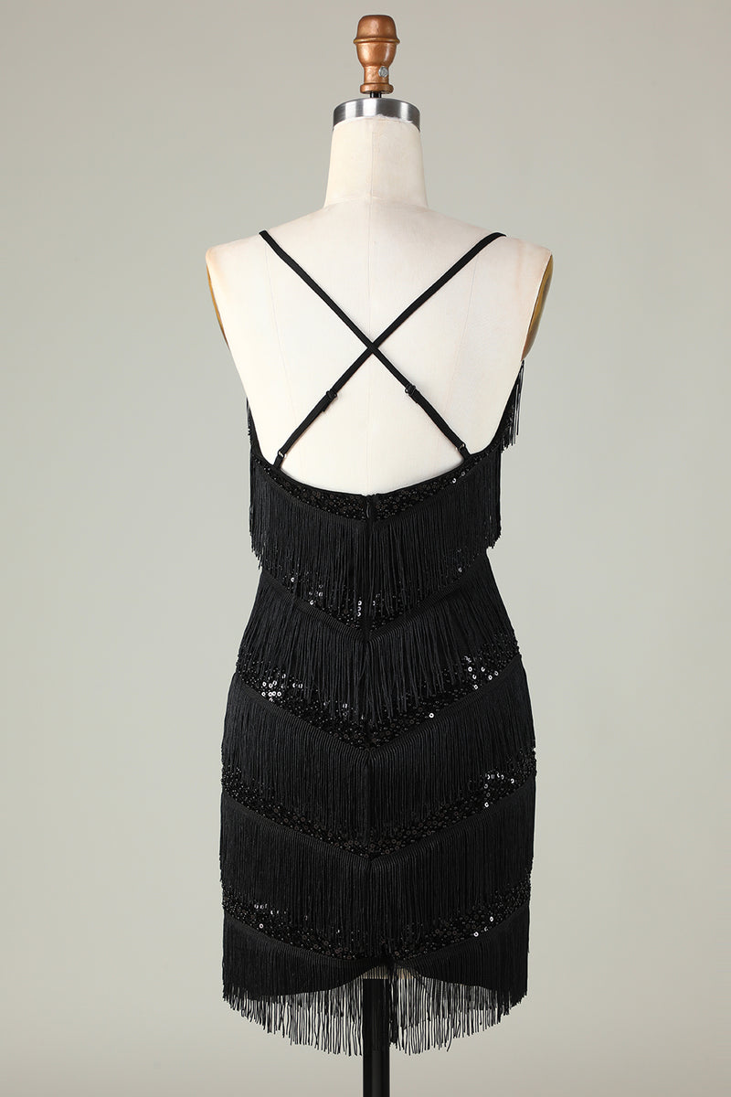 Load image into Gallery viewer, Sparkly Black Sequins Beaded Tight Short Homecoming Dress with Fringes