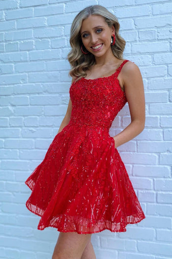 Sparkly Red A-Line Tulle Homecoming Dress with Sequins