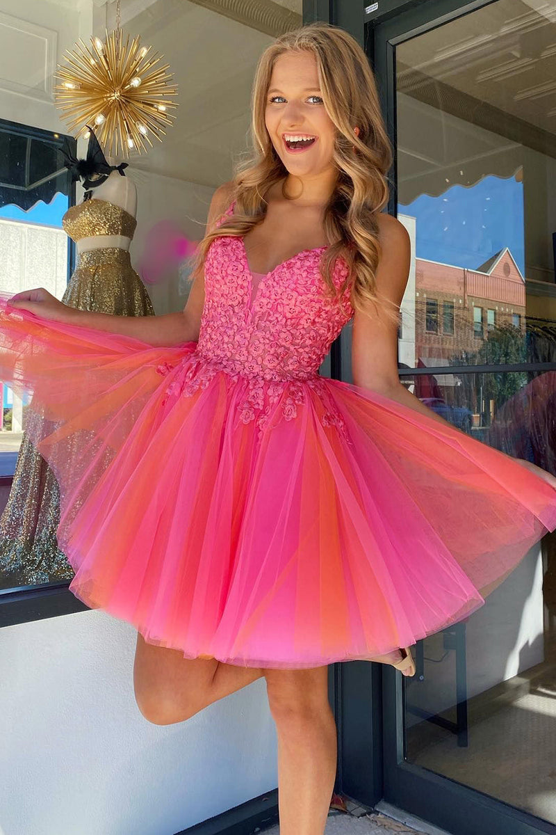Load image into Gallery viewer, Hot Pink A-Line Spaghetti Straps Tulle Homecoming Dress with Lace