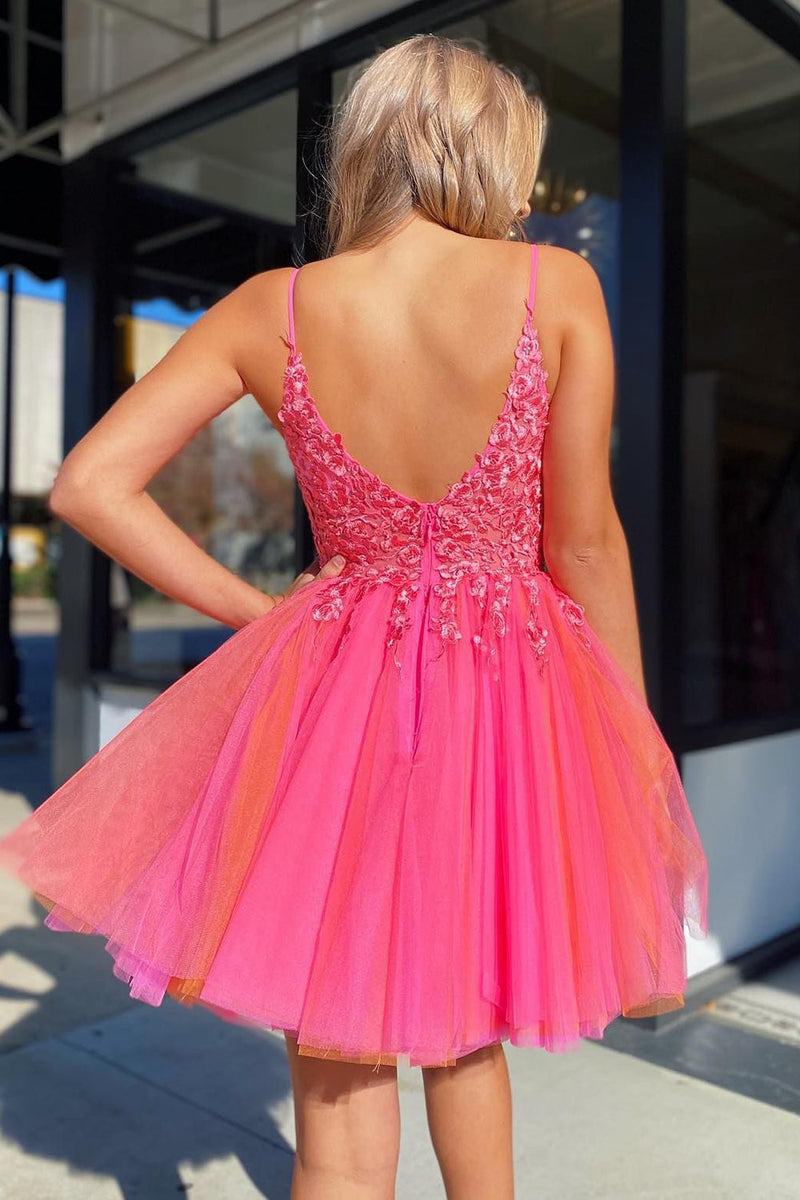 Load image into Gallery viewer, Hot Pink A-Line Spaghetti Straps Tulle Homecoming Dress with Lace