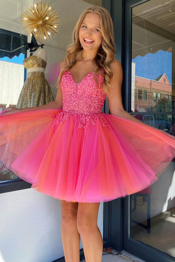 Hot Pink A-Line Spaghetti Straps Tulle Homecoming Dress with Lace