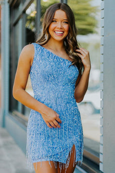Blue One Shoulder Bodycon Sequined Homecoming Dress with Tassel