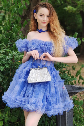 A-Line Blue Detachable Sleeves Short Homecoming Dress with Ruffles