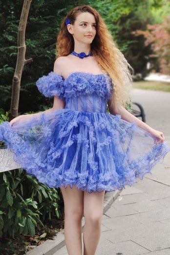 A-Line Blue Detachable Sleeves Short Homecoming Dress with Ruffles