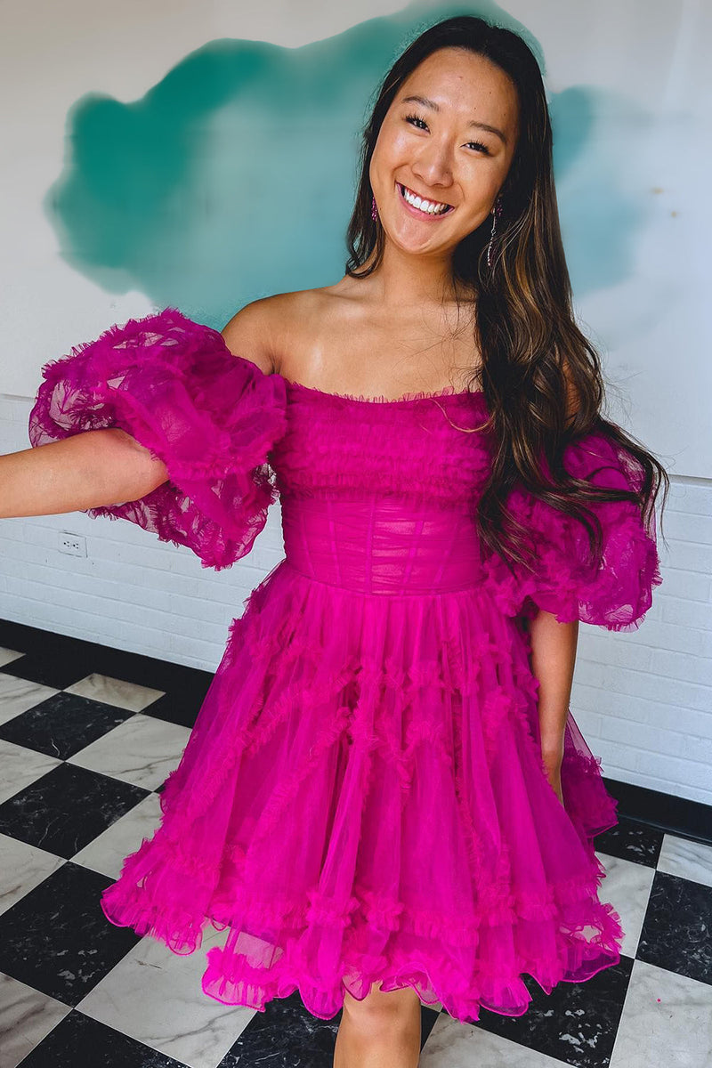 Load image into Gallery viewer, A-Line Fuchsia Corset Puff Sleeves Homecoming Dress with Ruffles