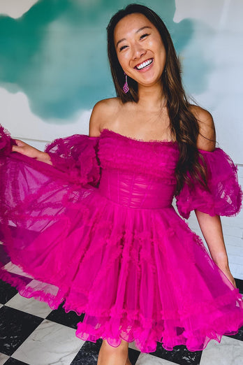 A-Line Fuchsia Corset Puff Sleeves Homecoming Dress with Ruffles