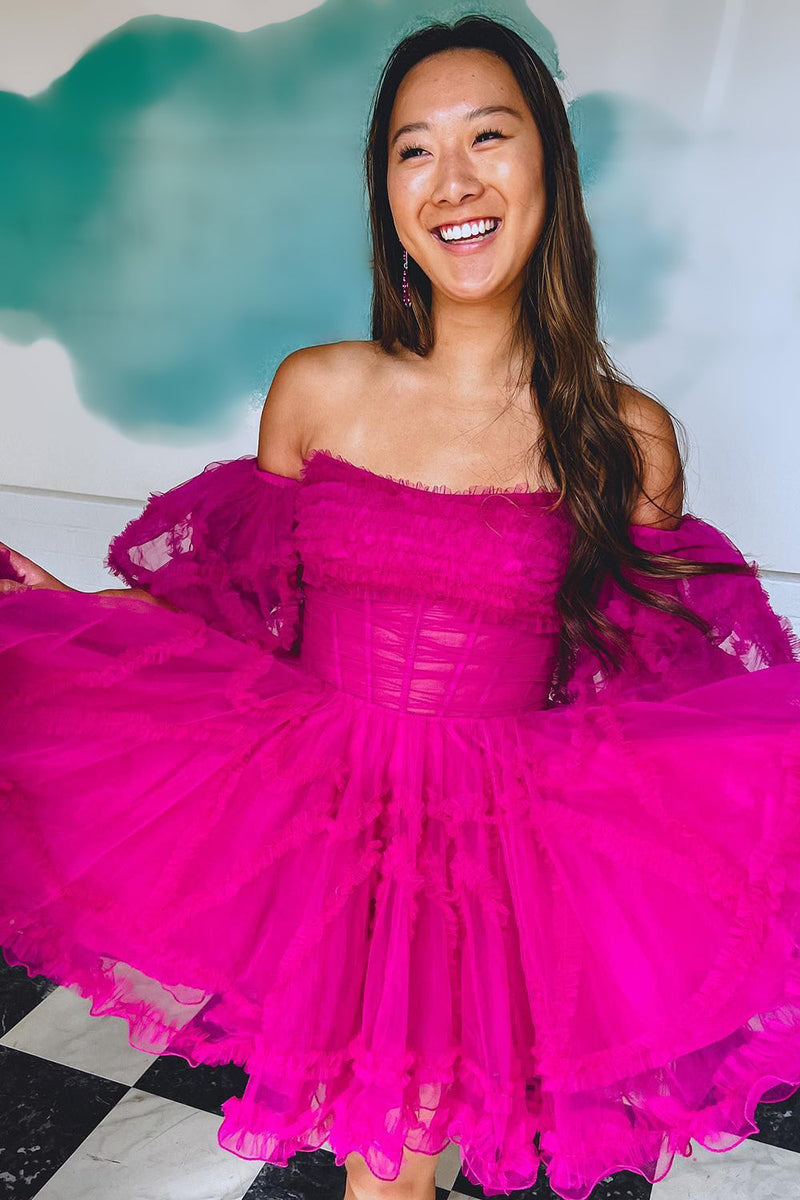 Load image into Gallery viewer, A-Line Fuchsia Corset Puff Sleeves Homecoming Dress with Ruffles