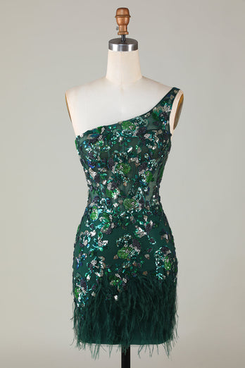 Dark Green One Shoulder Bodycon Sequined Homecoming Dress with Feather