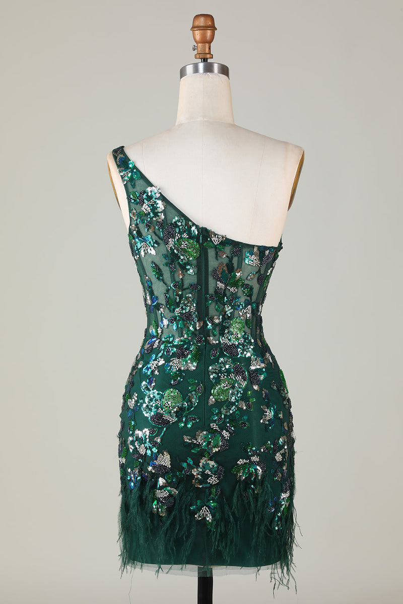 Load image into Gallery viewer, Dark Green One Shoulder Bodycon Sequined Homecoming Dress with Feather