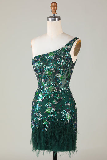Dark Green One Shoulder Bodycon Sequined Homecoming Dress with Feather