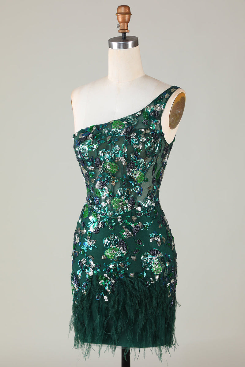 Load image into Gallery viewer, Dark Green One Shoulder Bodycon Sequined Homecoming Dress with Feather