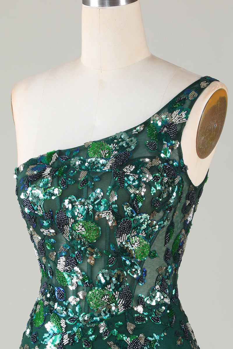 Load image into Gallery viewer, Dark Green One Shoulder Bodycon Sequined Homecoming Dress with Feather