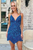 Load image into Gallery viewer, Sparkly Peacock Blue Beaded Tight Short Homecoming Dress with Fringes