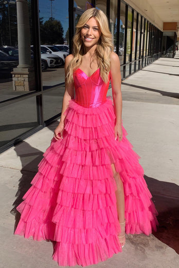 Fuchsia Corset Sweetheart A-Line Tiered Long Tulle Prom Dress with Slit