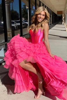 Fuchsia Corset Sweetheart A-Line Tiered Long Tulle Prom Dress with Slit