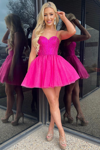 Sparkly Fuchsia A-Line Beaded Corset Tulle Homecoming Dress