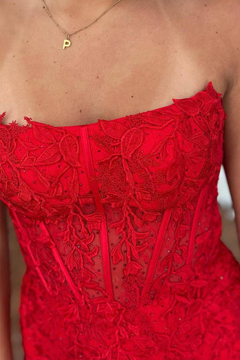 Red Strapless Corset Tight Homecoming Dress with Lace