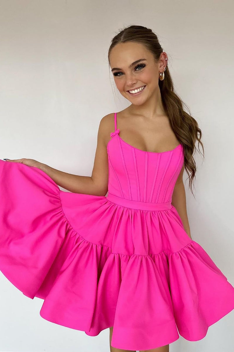 Load image into Gallery viewer, A-Line Fuchsia Spaghetti Straps Homecoming Dress with Criss Cross Back