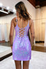 Load image into Gallery viewer, Sparkly Sheath Spaghetti Straps Lilac Sequins Short Homecoming Dress with Criss Cross Back