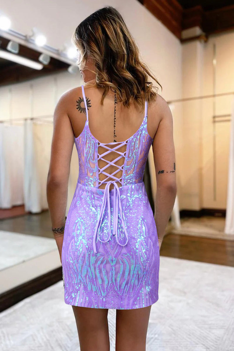 Load image into Gallery viewer, Sparkly Sheath Spaghetti Straps Lilac Sequins Short Homecoming Dress with Criss Cross Back