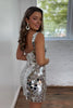 Load image into Gallery viewer, Sparkly Silver Scoop Neck Mirror Tight Homecoming Dress with Slit