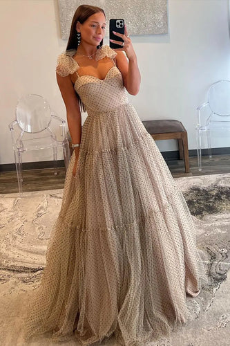 Khaki Spaghetti Straps A-Line Tulle Long Prom Dress with Bow