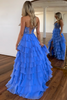 Load image into Gallery viewer, Blue A Line Strapless Corset Tiered Prom Dress with Slit