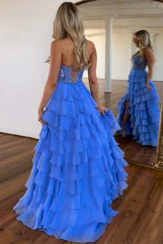 Blue A Line Strapless Corset Tiered Prom Dress with Slit