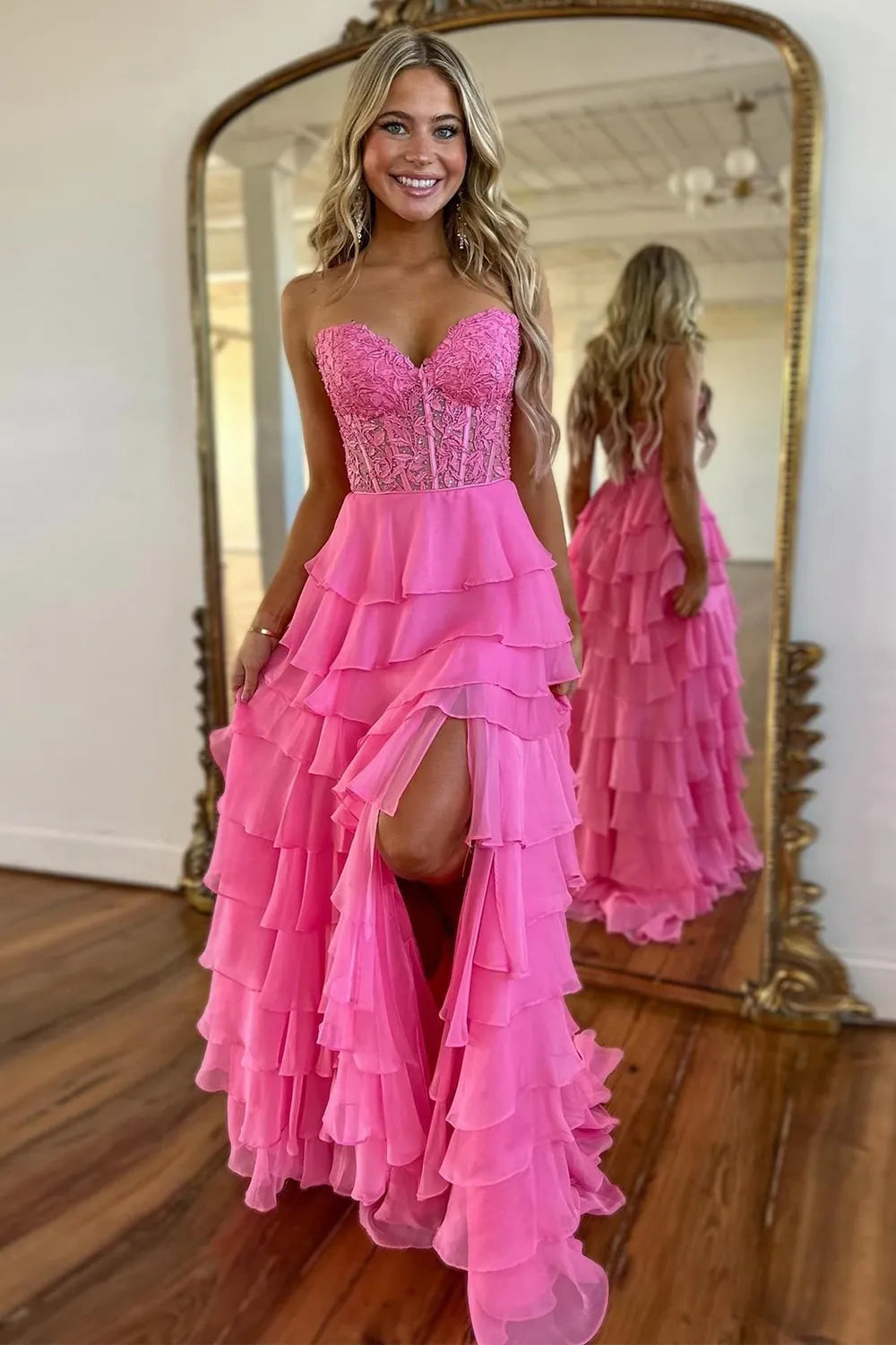 Fuchisa Sweetheart Corset Prom Dress with Slit