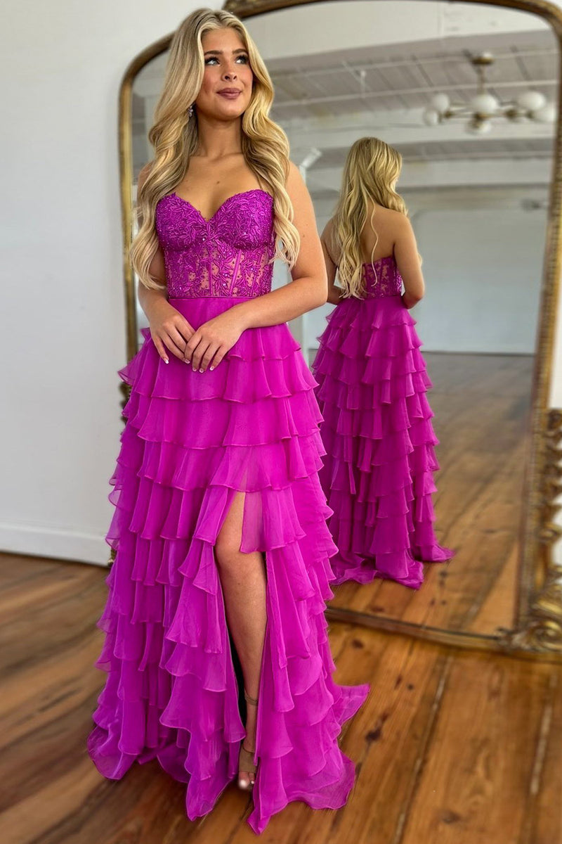 Load image into Gallery viewer, Fuchisa Sweetheart Corset Prom Dress with Slit