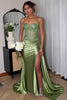 Load image into Gallery viewer, Spaghetti Straps Mermaid Silver Corset Ruched Prom Dress With Slit