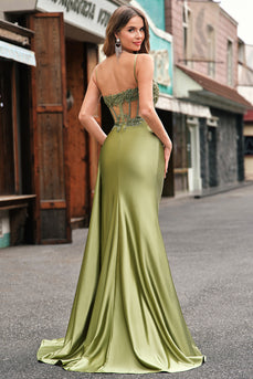 Green Spaghetti Straps Mermaid Corset Long Prom Dress with Slit