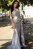 Load image into Gallery viewer, Spaghetti Straps Mermaid Silver Corset Ruched Prom Dress With Slit