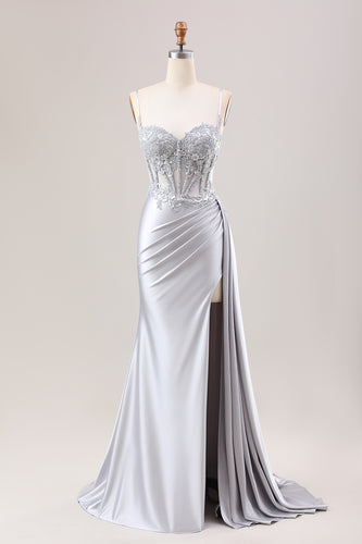 Mermaid Silver Spaghetti Straps Corset Ruched Prom Dress With Slit