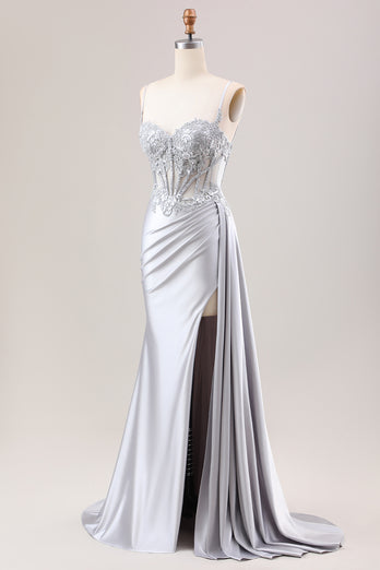 Mermaid Silver Spaghetti Straps Corset Ruched Prom Dress With Slit