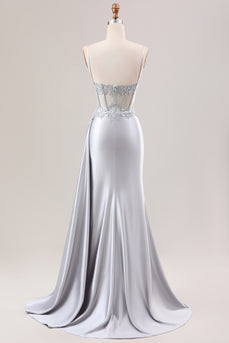 Mermaid Silver Spaghetti Straps Corset Ruched Prom Dress With Slit