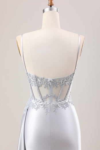 Mermaid Silver Spaghetti Straps Corset Ruched Prom Dress With Slit