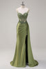 Load image into Gallery viewer, Mermaid Silver Spaghetti Straps Corset Ruched Prom Dress With Slit