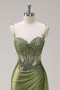 Load image into Gallery viewer, Mermaid Silver Spaghetti Straps Corset Ruched Prom Dress With Slit