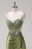 Load image into Gallery viewer, Mermaid Silver Spaghetti Straps Corset Ruched Prom Dress With Slit