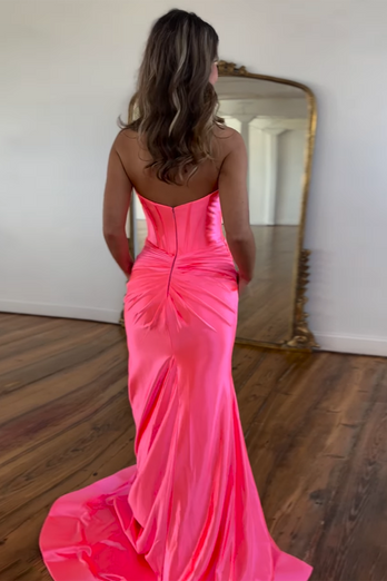 Coral Mermaid Strapless Satin Long Prom Dress with Slit